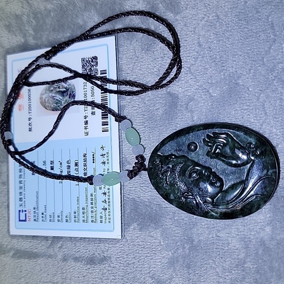 Certified Natural Gemstone Hotan Hetian Dark Green Carved Jade Pendant 53x38x8mm - Picture 8 of 9
